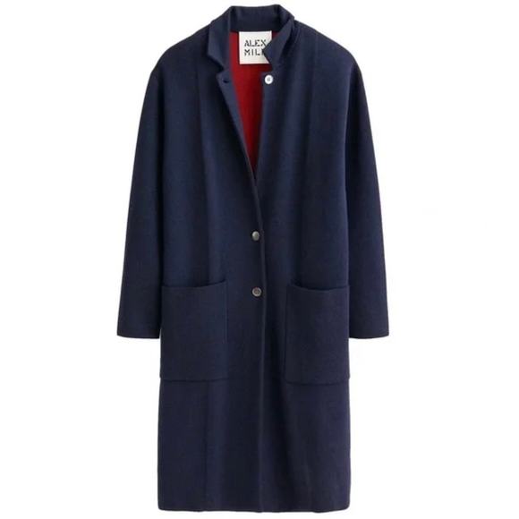 Alex Mill Hall Wool Blend Sweater Coat in Navy Blue‎ Size Medium Red Interior